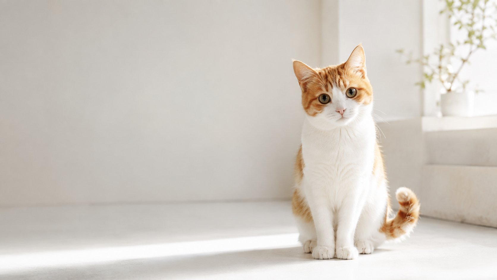 白い部屋に座る茶白の猫